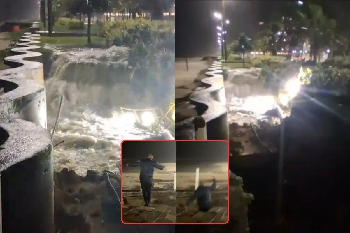 Guarda municipal cai em cratera aberta no calçadão de Praia Grande