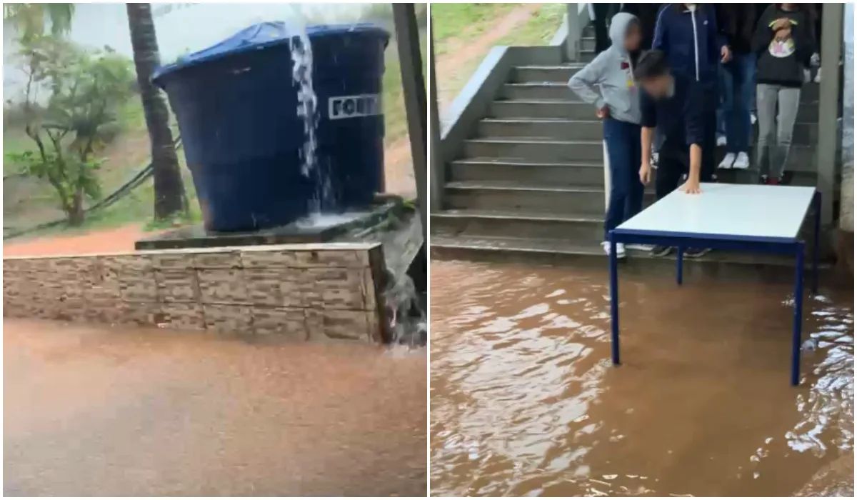 Chuva alaga área de escola em Cotia, e alunos usam mesas para atravessar